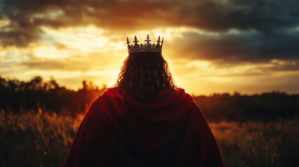 View from behind, of Jusus Christ with a king's crown, wearing a red tunic with his arms outstretched. Jesus is the King