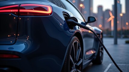 Obraz premium Electric vehicle charging with a high-tech station and a futuristic city background. Advanced charging technology with a clean cityscape and sustainable energy features.