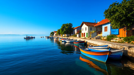 A small rustic fishing village with colorful boats