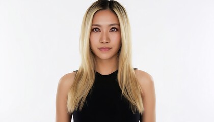 Fototapeta premium Striking Contrast: Asian Beauty in Black Top and Blonde Hair