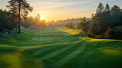 Aerial view of a golf course at sunset with golden light.