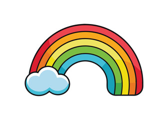 Colorful rainbow icon, vector illustration doodle drawing. Cartoon rainbow with two clouds.