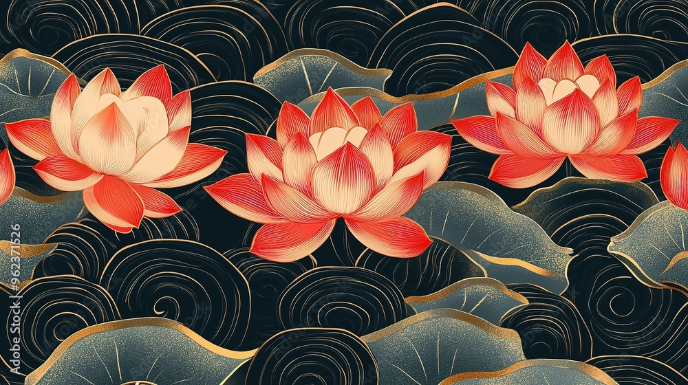 Poster Detailed Illustration of Red Lotus Flowers with Golden and Teal Leaves on a Black Background