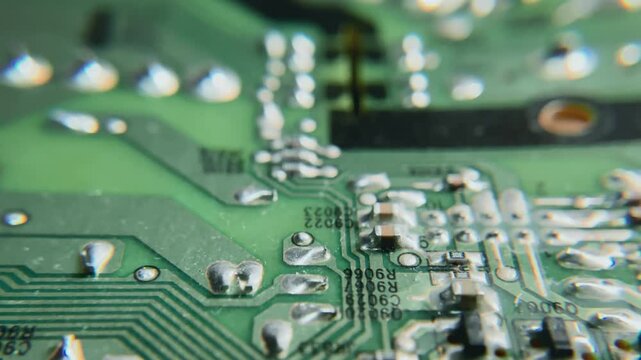 Macro view of circuit board with soldered components. Close-up view of a green motherboard with microchips and electronics components.

