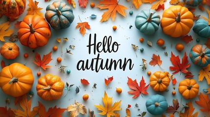 Hello Autumn white chalk lettering on blackboard. Autumn seasonal flat lay photo on wooden background. Hello Autumn inscription with orange leaf frame. Fall season banner template. Yellow leaf texture