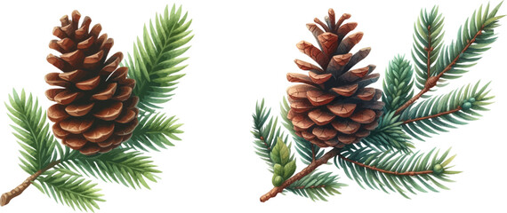 Pine cone vector icon set.Christmas tree with green pine cone branches isolated on white baqckground. Fir tree branches with cones.