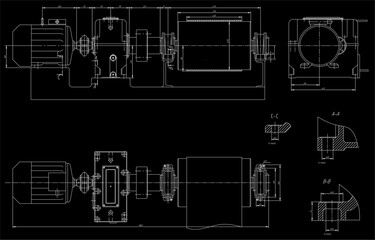 Assembly drawing of reducer.
Vector design of steel mechanical device with shaft, gear, 
electric engine, bolted connection and dimension lines. Engineering cad scheme. Technical computer template. 