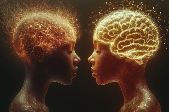 Brain agility cognition Side profile of a woman with a glowing brain representing intellectual fire mental energy and the spark of creative thoughts