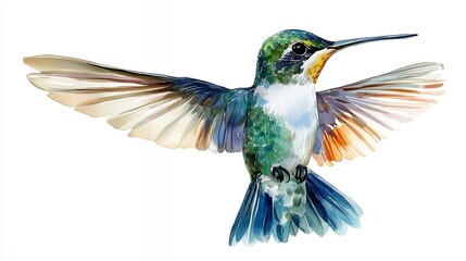 Obraz premium Watercolor painting of a hummingbird with spread wings flying in the air.