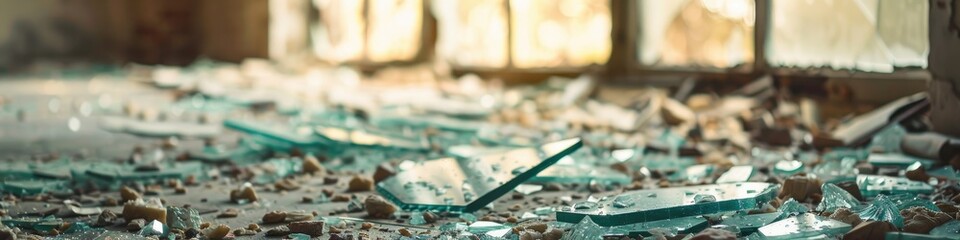 Fragments of shattered glass in a deserted building captured with shallow depth of field