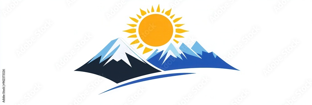 Aufkleber the design showcases sleek snow-capped mountains with a vibrant sun rising behind them, creating a t
