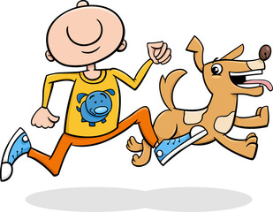cartoon boy running with happy puppy cartoon