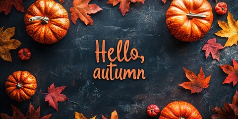Hello Autumn white chalk lettering on blackboard. Autumn seasonal flat lay photo on wooden background. Hello Autumn inscription with orange leaf frame. Fall season banner template. Yellow leaf texture