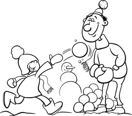 cartoon dad and son playing on winter time coloring page