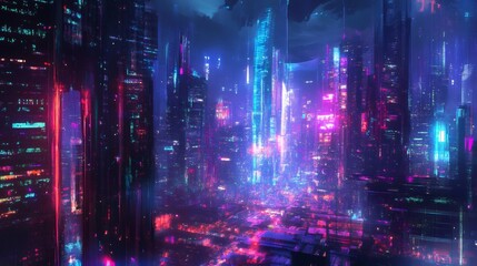A futuristic cityscape with neon lights and towering skyscrapers.