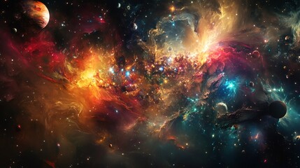 A mesmerizing cosmic landscape with swirling nebulae, scattered stars, and distant planets.