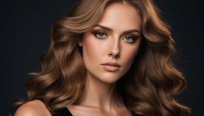 Fototapeta premium Portrait of a Beautiful Woman with Long Wavy Brown Hair and Captivating Expression