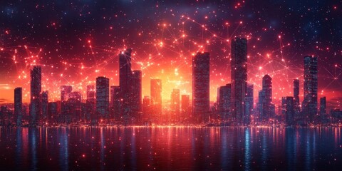 Fototapeta premium Cityscape with a Network of Interconnected Lights Against a Starry Night Sky