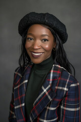 African woman wearing a black hat and a plaid jacket. She is smiling and looking at the camera