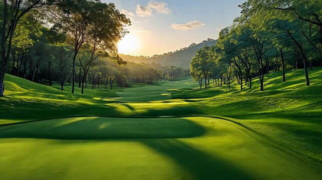 Low angle static shot: The camera is angled up at a golf course during a vibrant sunset.