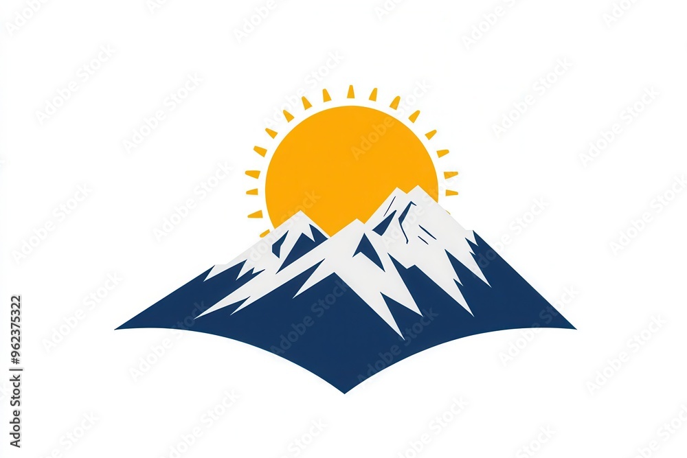 Poster This design showcases snow-covered mountains with a bright sun emerging behind them, symbolizing a fresh start and adventure. Generative AI
