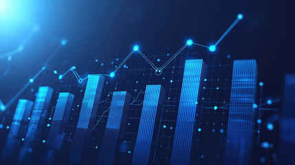 A blue digital bar chart with a line graph with dots overlaid on top, abstract blue background.