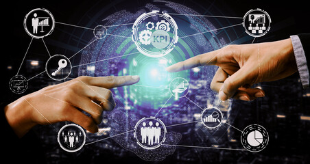 KPI Key Performance Indicator for Business Concept - Modern graphic interface showing symbols of job target evaluation and analytical numbers for marketing KPI management. uds