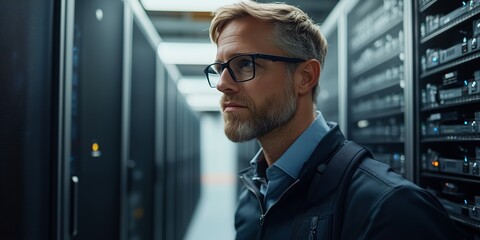 A young male IT professional with glasses works on a laptop while managing data servers in a modern, illuminated server room. 