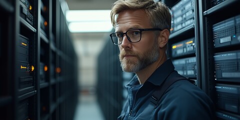 A young male IT professional with glasses works on a laptop while managing data servers in a modern, illuminated server room. 