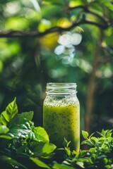 Refreshing green smoothie in a jar, set against a backdrop lush natural greenery, ideal for healthy