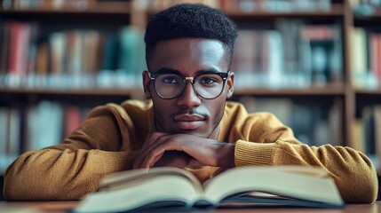 Young male black student reading book at library. African american teen preparing for online exam, remote schooling at home. Concepts of digital learning and e-education