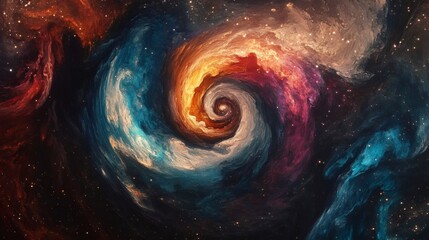 A swirling abstract painting reminiscent of space, with vibrant colors and a central vortex.
