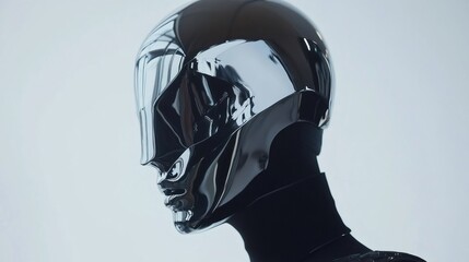 Close up of a black and shiny robot head, set against a light gray background.