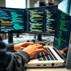 Person coding on multiple screens in a modern workspace during the day