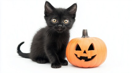 Black kitten with Halloween pumpkin on a white background