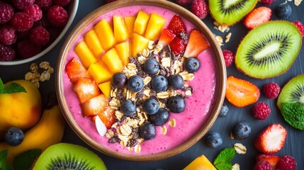 Close-up of a colorful smoothie bowl with mango, strawberry, blueberry, kiwi, and raspberry.