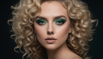 Fototapeta premium Elegant Portrait of a Woman with Curly Blonde Hair and Bold Green Eye Makeup