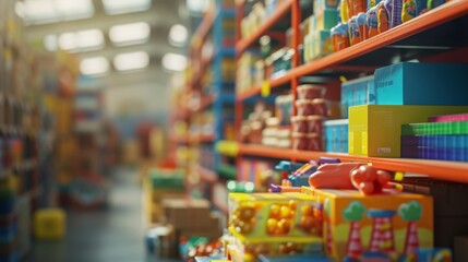 Fototapeta premium A blurred view of a toy aisle within a colorful warehouse. The shelves are stocked with a variety of brightly colored toys and products, creating a sense of abundance and variety.