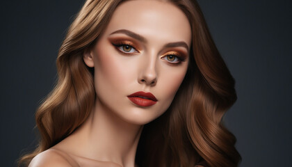 Fototapeta premium Portrait of a Beautiful Woman with Long Brown Hair and Makeup