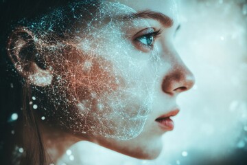 Mental agility skill Woman’s profile dissolving into digital particles representing the intersection of humanity and technology in the modern world