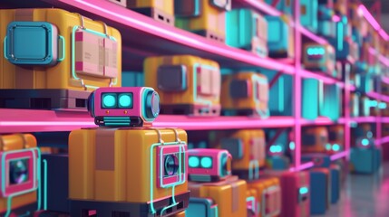 A futuristic storage facility with rows of stacked robotic units illuminated by neon lights. The image showcases advanced technology and the organized storage of robotic devices, highlighting