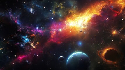 A vibrant cosmic scene featuring swirling nebulas, distant galaxies, and planets in a deep space setting.