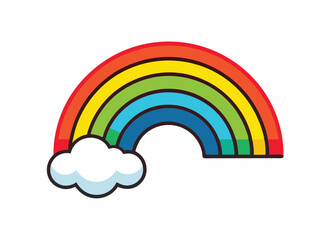 Colorful rainbow icon, vector illustration doodle drawing. Cartoon rainbow with two clouds.