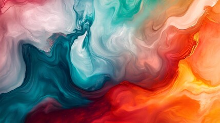 Abstract art painting with flowing colors of red, orange, yellow, blue, and white.