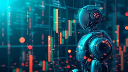 A humanoid robot is focused on analyzing data displayed on a futuristic interface, highlighting advanced artificial intelligence and robotics in a high-tech, cyber environment, perfect for sci-fi and