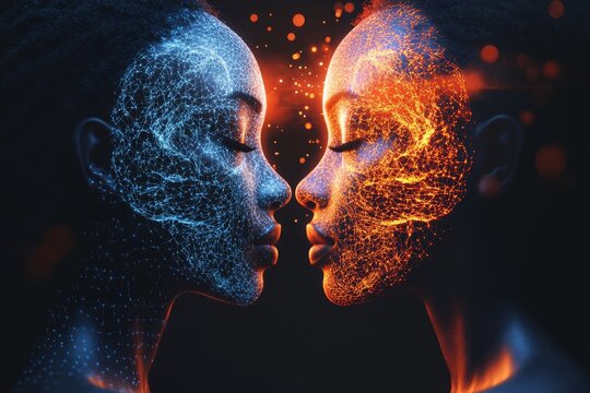 Cognitive skill Surreal depiction of two digital faces merging symbolizing the intersection of artificial intelligence and human consciousness in the modern age