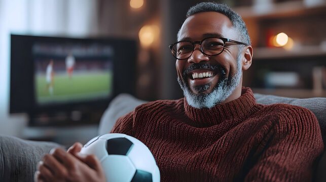 An elderly man with glasses and a gray beard sitting on a couch, holding a soccer ball and smiling, enjoying watching a match on TV.
- Powered by Adobe