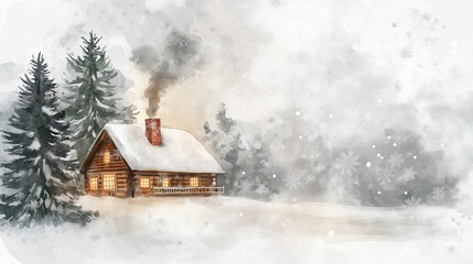 Naklejka premium Winter cabin in a snowy forest, cozy log house with smoke rising from the chimney, serene winter landscape with snow-covered trees and peaceful atmosphere