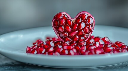 Close-up of a heart-shaped pomegranate with seeds spilling out on a white plate.