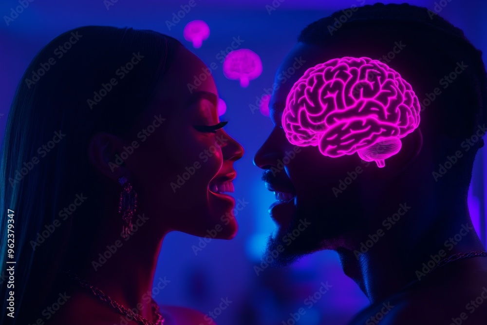 Wall mural brain fitness capacity romantic couple with neon brain illustrations symbolizing the electric connec